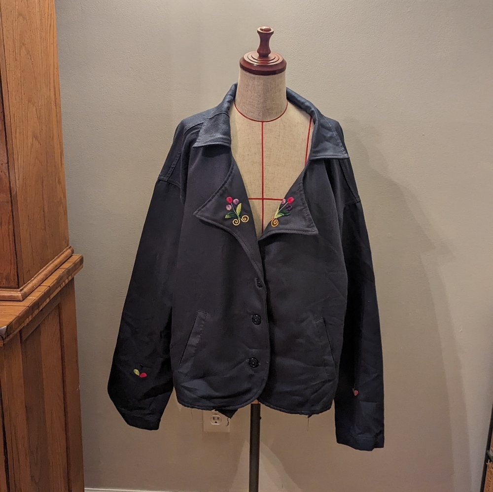 Vintage YARINA Threads Hand Made Native Apparel XL Blazer Jacket Blue Embroidery